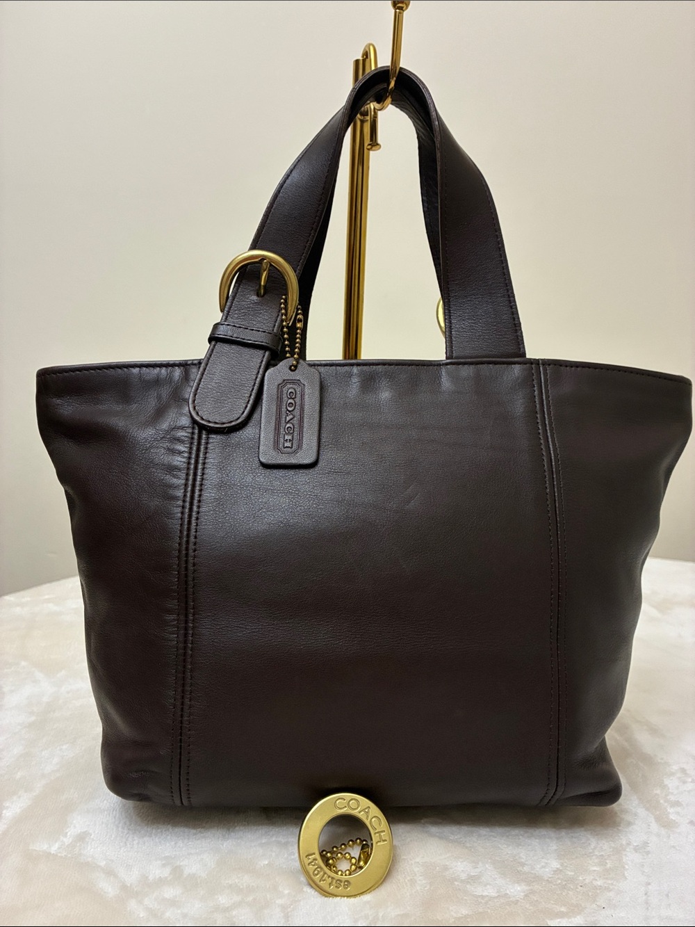 Coach Vintage  Chocolate Brown Full Grain Leather Tote With Bonus Coach Charm